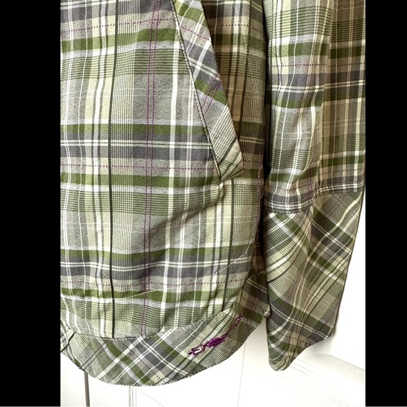 EXOFFICIO Alba Funnel Neck Plaid Shirt Jacket Green Plaid Pockets Purple Hiking - Picture 9 of 16